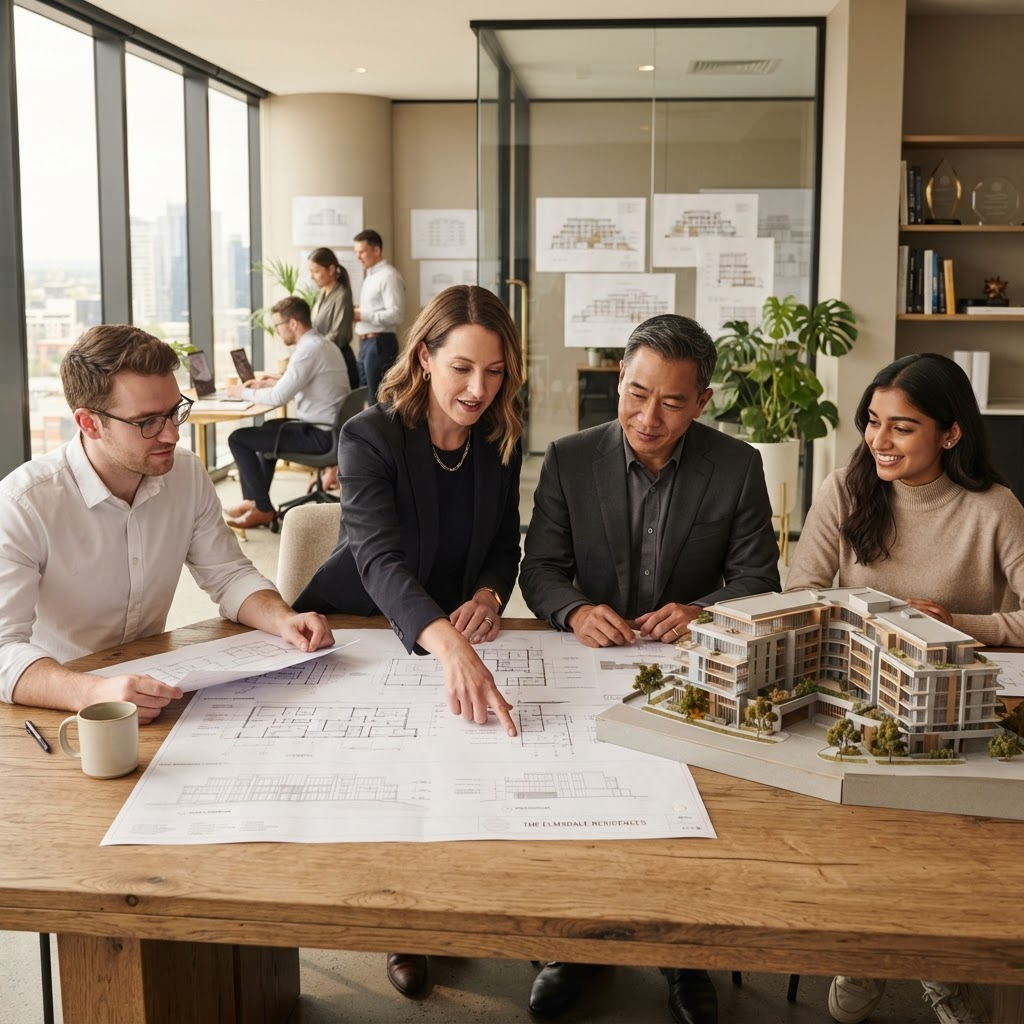 Equipe Orizzon analisando projetos e maquetes de empreendimentos